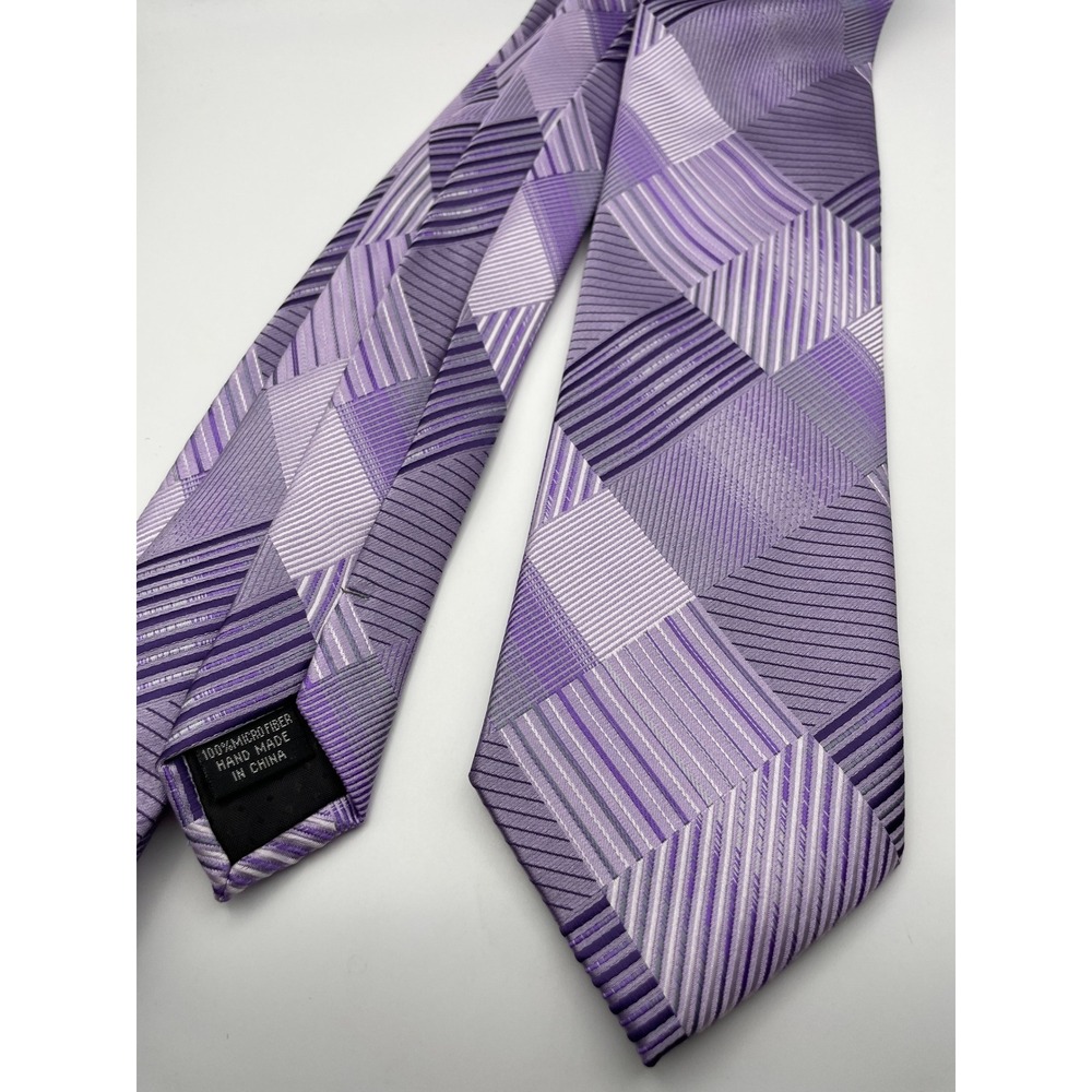 Stacy Adams Mens Purple Geometric Patchwork Microfiber Necktie Hand Made Classic